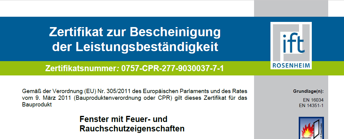 Zertifikat IFT Rosenheim Brandschutzfenster Zelenka