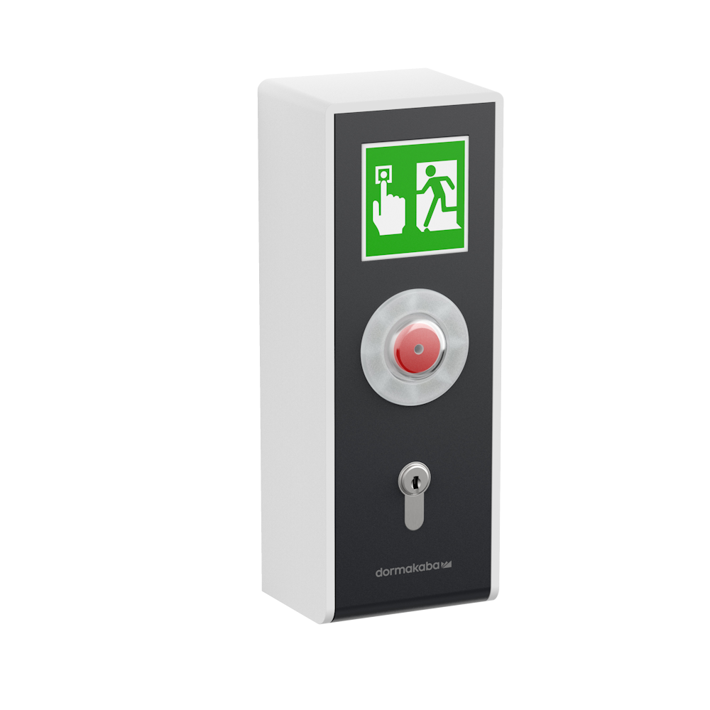 Fluchttürsteuerung Dormakaba Saferoute mit Nottaster und Piktogramm